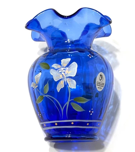 Fenton Blue Cobalt Art Glass Vase Artist G Tapia Signed Floral *READ Ruffle Edge