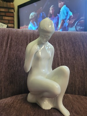 Vintage Royal Dux  Model Nude Crouching Woman Lady Art Deco Porcelain Figure