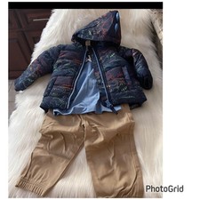 Little Me Boys Dinosaur 3 piece Set Hooded Puffer Jacket Blue Shirt and Pants