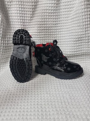 Disney Minnie Mouse Toddler Girls Boots Black Polka Dot Patent Zip Lace Size 9