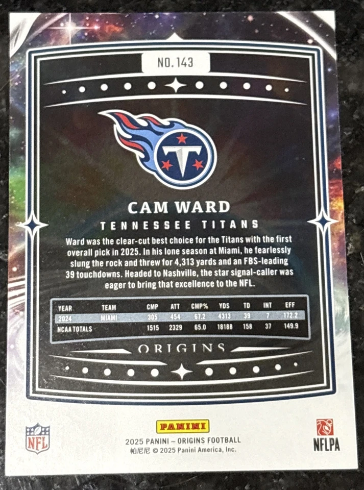 2025 Panini Origins Football Cam Ward Red /225 Titans RC - Image 2 of 2