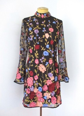 NWT $198 French Connection Black Dress Flower Sequin Patches Sheer Bell Cuffs 6