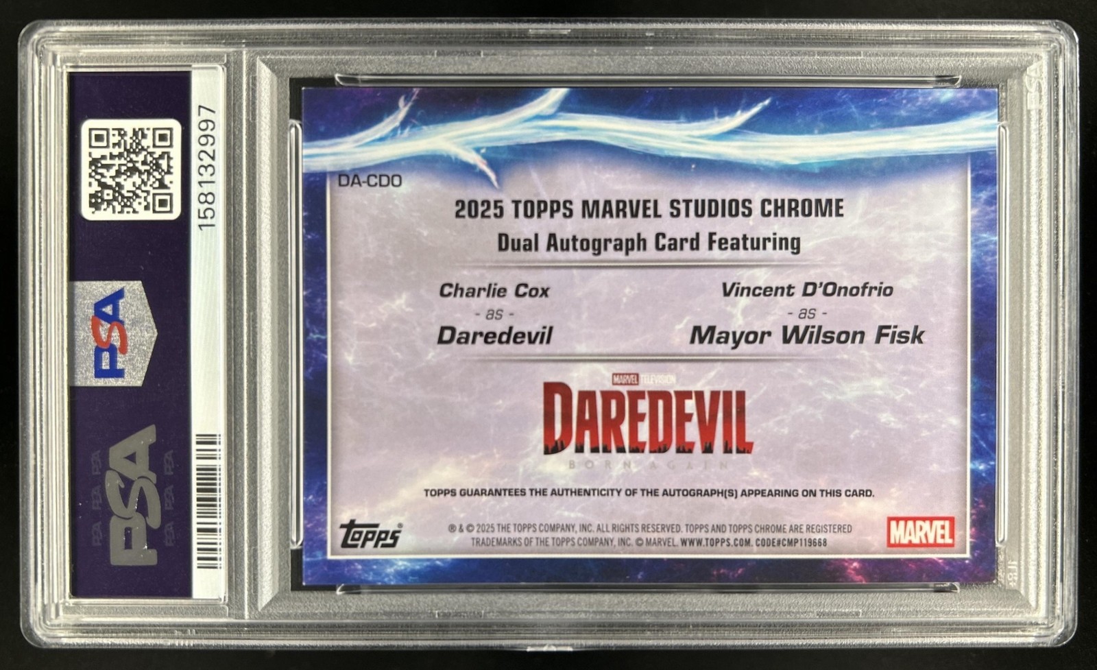 2025 Topps Chrome Marvel Sapphire Charlie Cox Vincent D'Onofrio Auto #/5 PSA 8 view 2