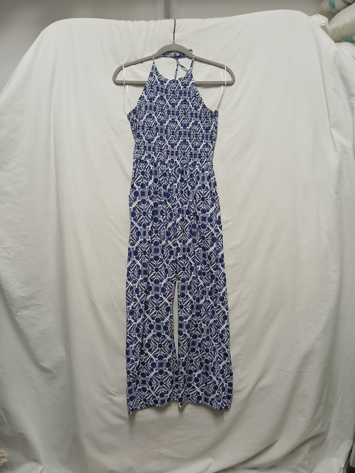 Blue Floral Jumpsuit M Wide Leg Boho Cottage Prairie Festival Fairy Beach Coast