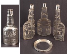 Antique Sterling Silver Overlay Glass Whiskey Gin Rum 3-Chamber Liquor Decanter
