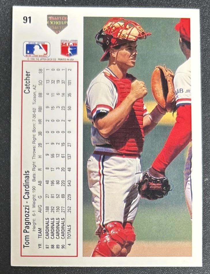 Tarjeta de béisbol 1991 Upper Deck Tom Pagnozzi #91 Cardinals GD Bent Corners O/C Foto 2 de 2