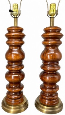 Vintage Mid Century Modern Turned Wood Brass Baluster Table Lamps Pair MCM 3-Way