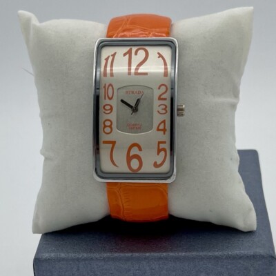 STRADA Women s Orange Japanese Movement Leather Cuff Bangle Bracelet Watch