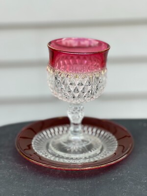 Indiana Glass DIAMOND POINT RUBY Wine Goblet w/Saucer (2 piece set)