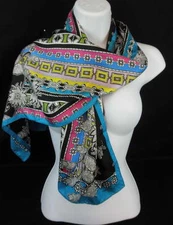 Adrienne Landau Studio Teal Green Silk Scarf Geometric Floral 54x11