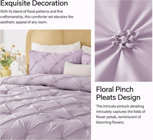 Light Purple King Size Comforter Set - 3 Pieces Boho Pintuck Bedding Comforter S - Picture 3 of 12