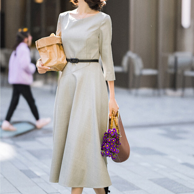 New French Women Retro Fashion Dress Swing Ladies Midi Elegant Workwear  Leisure | eBay