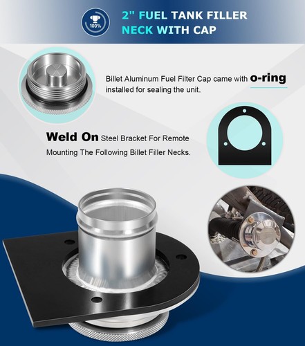 2" Fuel Filler Neck With Gas Cap Billet Aluminum & Weld-On Steel Mount Bracket - Picture 7 of 10