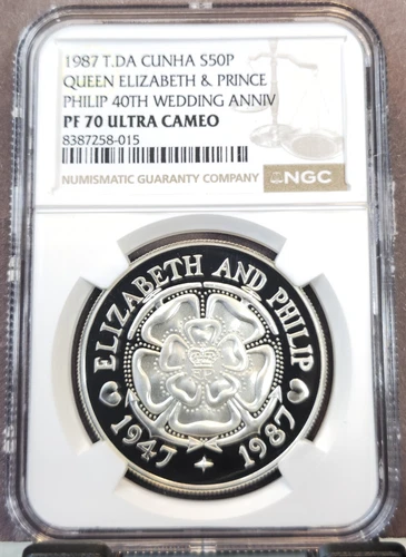 1987 TRISTAN DA CUNHA SILVER 50 PENCE QUEENS WEDDING ANN NGC PF 70 ULTRA CAMEO