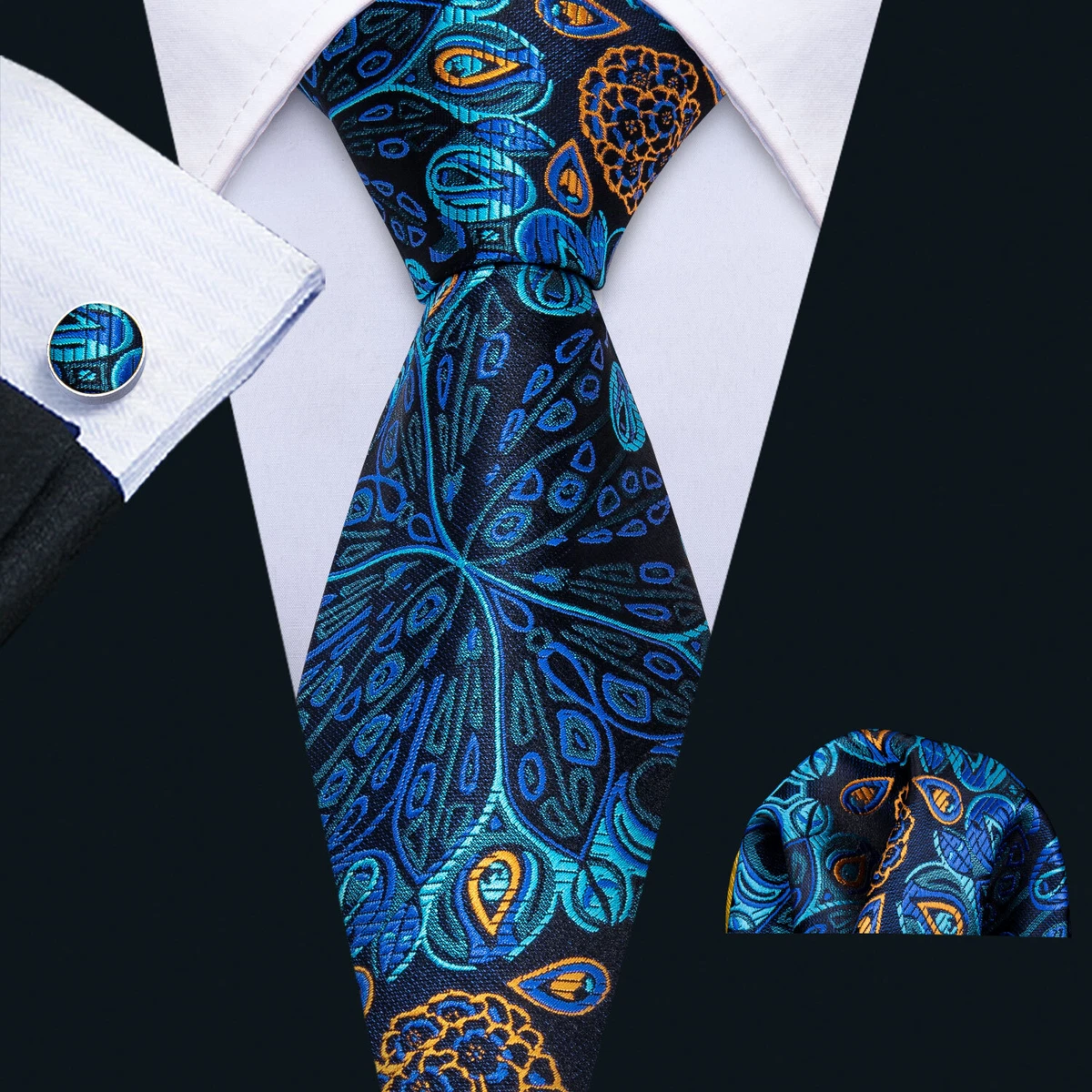 Menu0026#039;s Peacock Blue Silk Tie Novelty Orange Necktie Cufflinks Hanky Set  Party | eBay