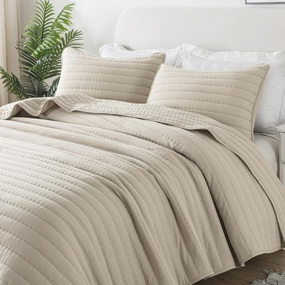 Neutral Beige King Size Quilt Bedding Sets with 2 Pillow Shams, Lightweight Soft