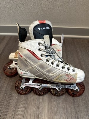 Tour FB-500 Inline Hockey Skates Size 10 White Red Black BEVO Gold Race Rated