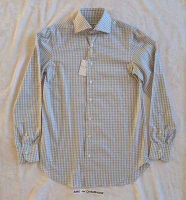 New! Cesare Attolini Napoli Blue Brown White Check Cotton Dress Shirt 15 38