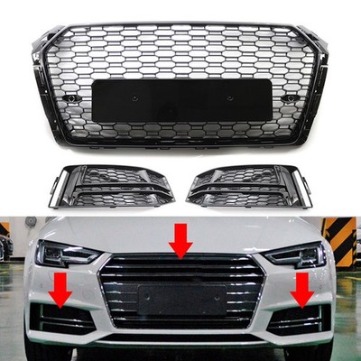 Front Bumper Grille Fog Light Covers Set Black For Audi A4 B9 S4 Sport 2017-2018