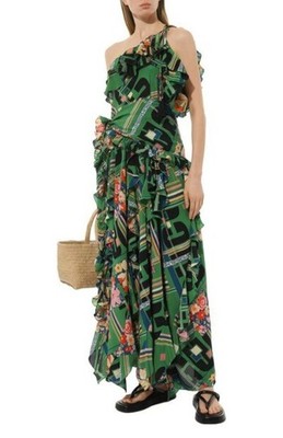 GUCCI Green Floral Check-Print Ruffled Silk-Crepe Gown dress size IT 42/US  6 NEW | eBay
