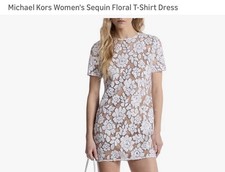 NWT Michael Kors Dress Sequin Floral Mesh Sz Large In White w/  Nude Lining 