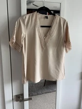 Shein Beige Short Sleeve Embroidered Trim V-Neck Pullover Blouse Top Size S