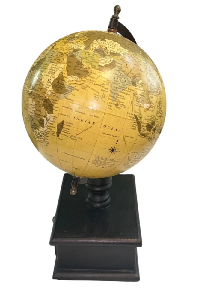 Globo terráqueo estilo vintage sobre base de madera con cajón 16" de alto decoración de escritorio India Foto 4 de 4