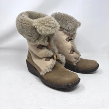Born Shearling Wedge Boot Size 7.5 Tan Suede Leather Toggle Close Winter