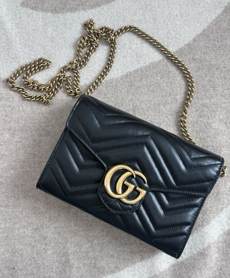 Gucci GG Marmont Black Wallet on Chain Crossbody, Gold Chain, Double G