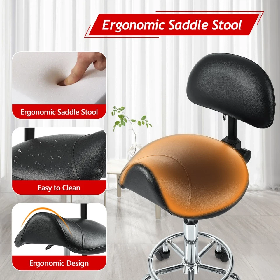 Saddle Stool with Back Support Rolling Stools with Foot Rest  Stool with Wheels - Image 3 of 4