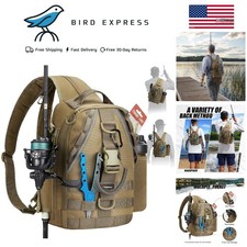 Water-Resistant Fishing Backpack with Rod Holder Lightweight Sling Bag - Khaki