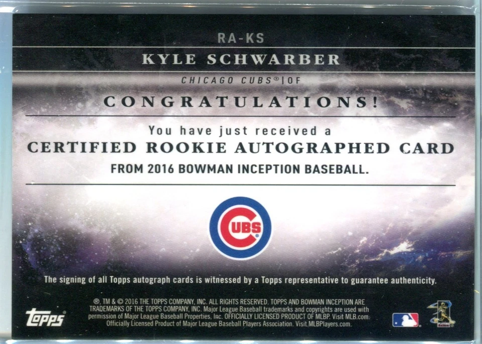 Kyle Schwarber CUBS 2016 Bowman Inception Rookie #RA-KS Auto #16/99 RC Auto - Image 2 of 2