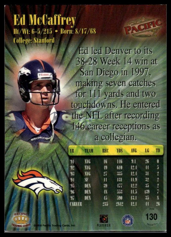 1998 Pacific #130 Ed McCaffrey - Image 2 of 2