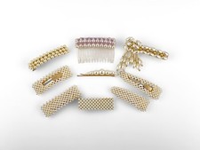 Vintage Faux Pearl Hair Clip Bobby pin Lot of 9 White Preppy Shiny 90s