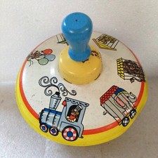Vintage Ohio Art Tin Toy Spinner Blue Handle Circus Design Metal Spinning Top