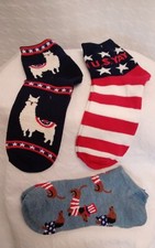 3 Pair July 4th "U.S. YAY, DOG, Patriotic Llama" Themed Ankle Socks WMNS Sz 4-10