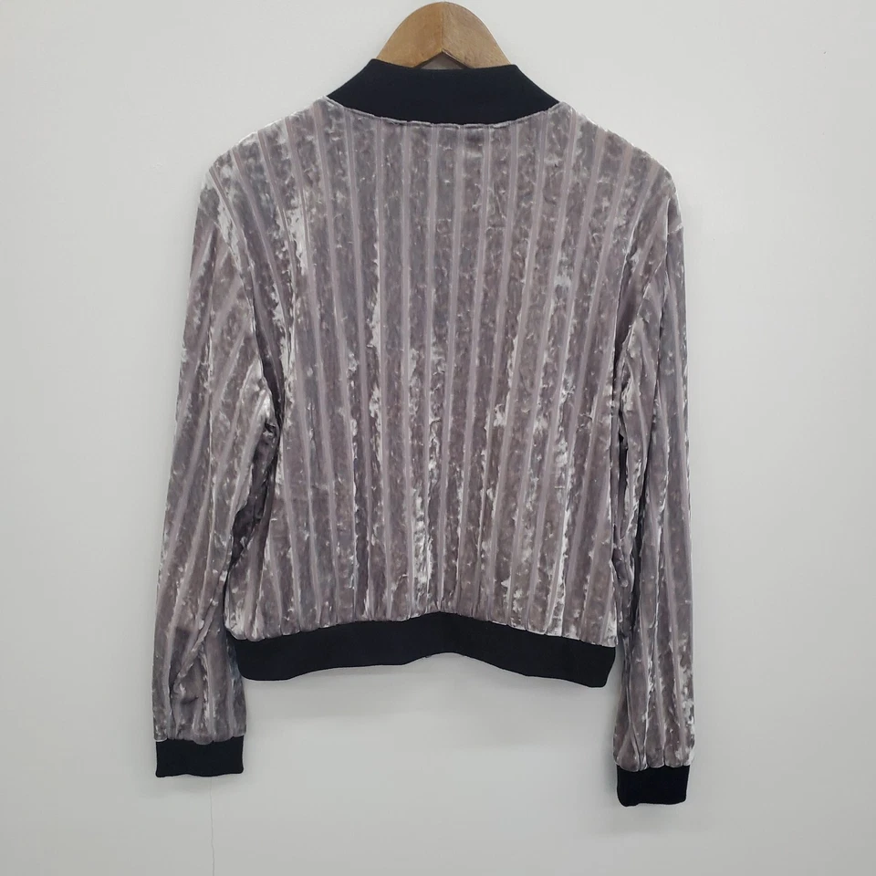 LuLaRoe Womens L Light Grey Crushed Velvet Bomber Jacket Zip Up Striped Ribbed - Image 4 of 4