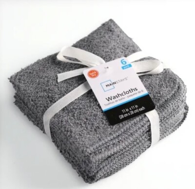 Mainstays 6-Pack Soft & Plush Washcloths, 11'' X 11'', Grey