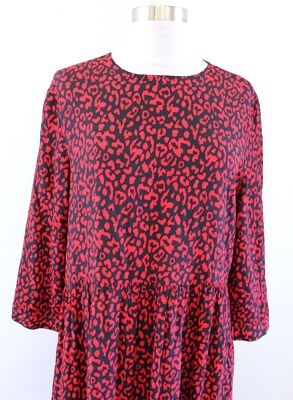 Zara Black Red Leopard Animal Print Midi Maxi Dress Size XS Flounce Hem |  eBay