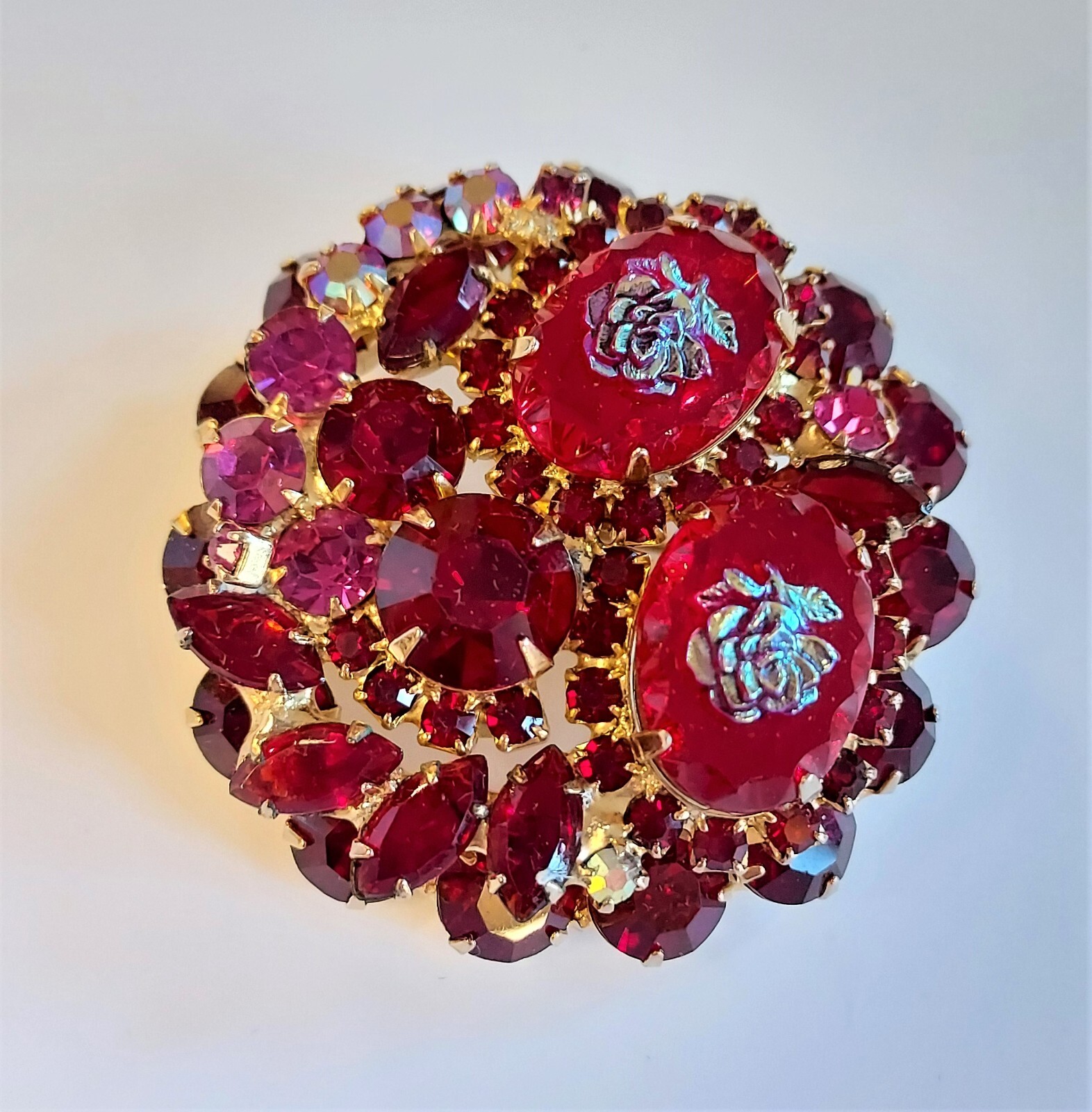 Vintage Signed JULIANA Red & Pink Rhinestone Brooch Pin Molded Glass