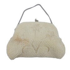 VINTAGE ANTIQUE BON SOIR Bag WHITE PEARL BEAD  SEQUIN EVENING CLUTCH Purse