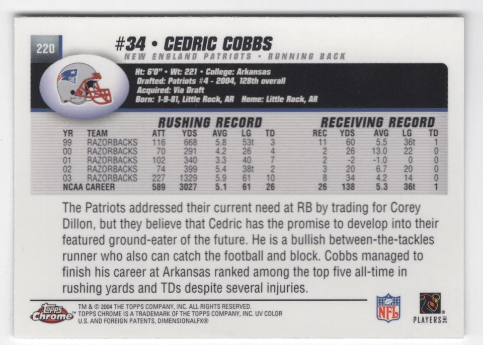 2004 Topps Chrome Cedric Cobbs Rookie New England Patriots #220 - Image 2 of 2