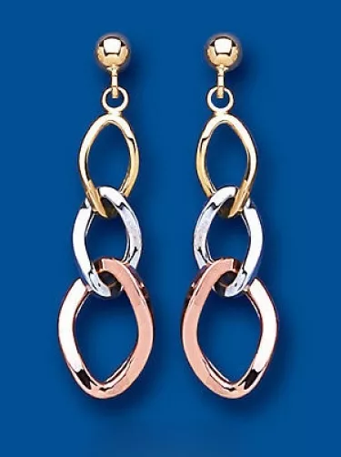 Three Colour Gold Drop Earrings 9ct Yellow White Rose Gold