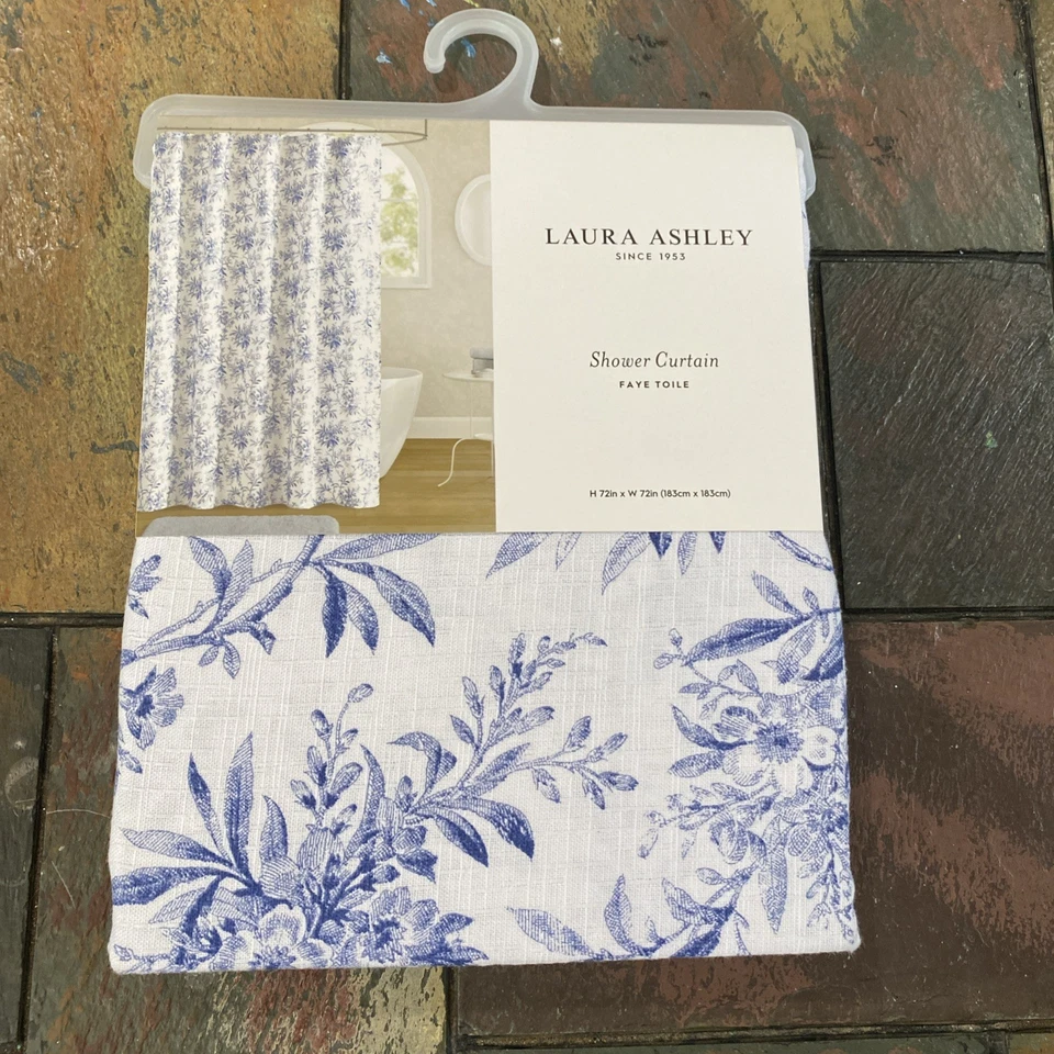 Cortina de ducha Laura Ashley Faye Toile azul floral algodón tela poliéster 72" Foto 2 de 4