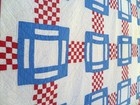 Vtg 30's 40's Square in Square w Red postage stamp Quilt hand stitched Red Blue — photo 7