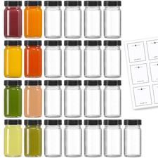 25 Pack 2 oz Glass Shot Bottles w/ Black Lids  25 Labels - Small Clear Jar f...
