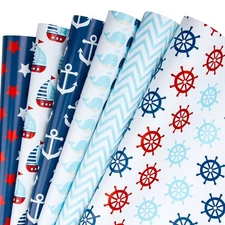 Wrapping Paper Sheet - Nautical Anchors Blue Design for Birthday, Holiday, We...