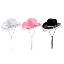 Women's Western Disco Rhinestone Tassel Cowgirl Hat Retro Party Cowboy Sun Hat