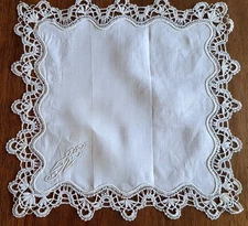 Antique Monogrammed Embroidered Yarn and Lace Handkerchief - 23cm x 23cm
