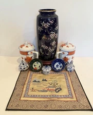 LOT: Hand Embroidered Fabric, Signed China Tea Cups, Big Blue Vase & More